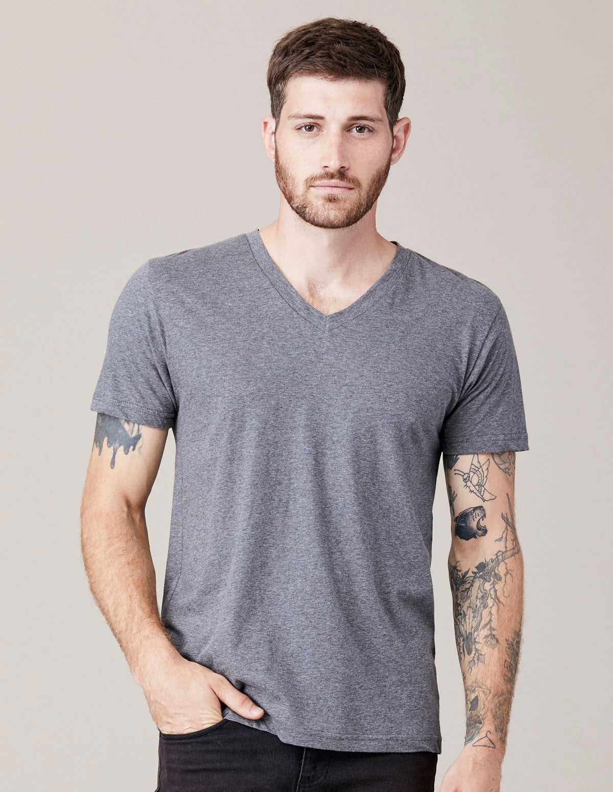 Short Sleeve V Neck Grey