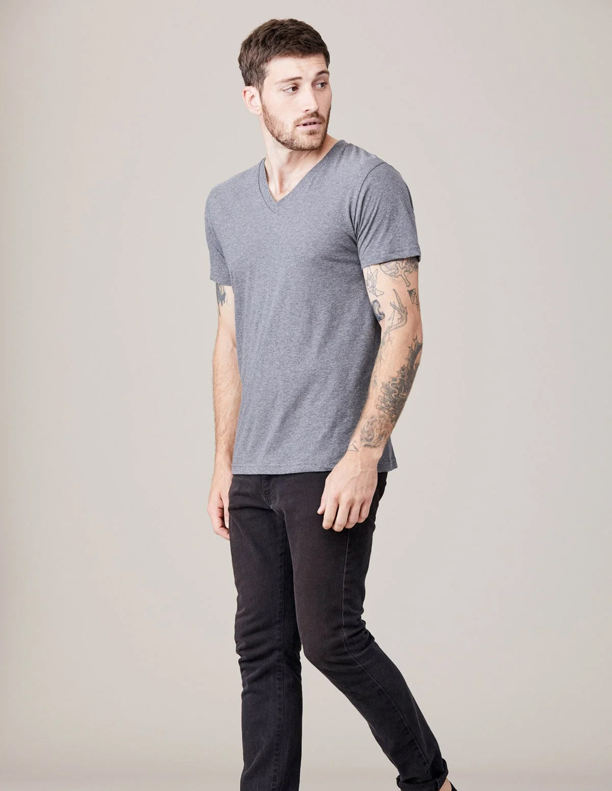 Short Sleeve V Neck Grey